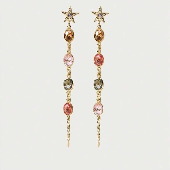 Gold Star Drop Earrings with Multi-Colored Stones R360 - Picture 2 of 4